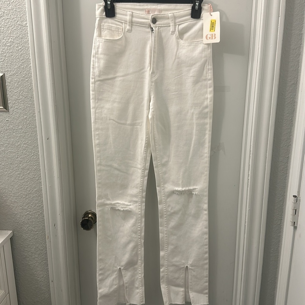 NWT GB High Rise Split Front Distressed Straight Leg Jeans - Picture 3 of 11